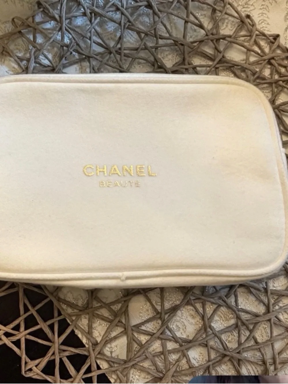 CHANEL Soft White (not cream) Cosmetic Pouch with Gold Logo